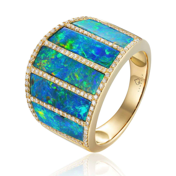 Lady's Yellow 14 Karat Wide Graduating Band With 5 Rectangular Shape Opals Boarder With Round Diamonds Fashion Ring With 5=5.45Tw Various Shapes Opals And 132=0.28Tw Round Diamonds