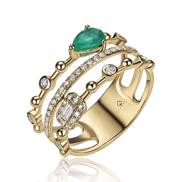 LUVENTE - EMERALD & DIAMOND 3 ROW RING