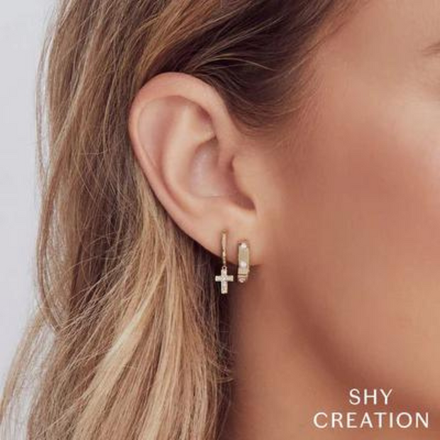 SHY CREATION - DIAMOND CROSS DROP HUGGIE HOOP EARRINGS