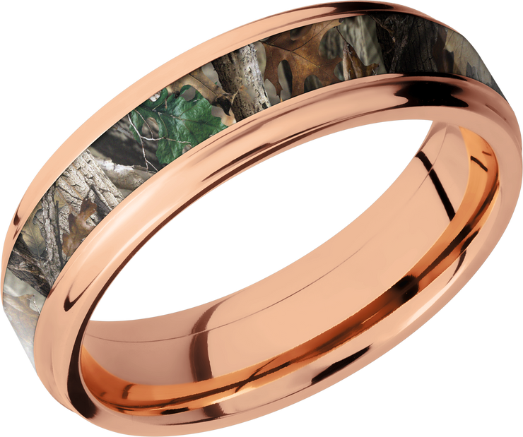 14K Rose Gold 6mm flat band with grooved edges and a 3mm inlay of Realtree Timber Camo