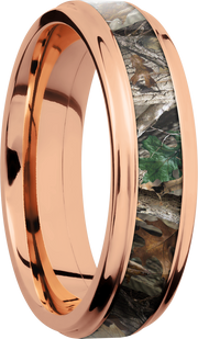 14K Rose Gold 6mm flat band with grooved edges and a 3mm inlay of Realtree Timber Camo