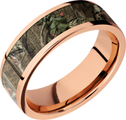 14K Rose Gold 7mm flat band with a 5mm inlay of Mossy Oak Break Up Infinity Camo