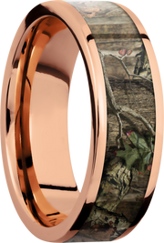 14K Rose Gold 7mm flat band with a 5mm inlay of Mossy Oak Break Up Infinity Camo