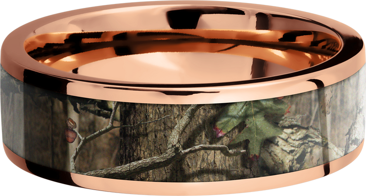 14K Rose Gold 7mm flat band with a 5mm inlay of Mossy Oak Break Up Infinity Camo