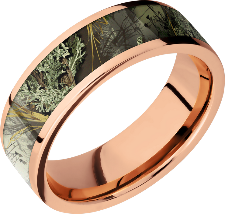 14K Rose Gold 7mm flat band with a 5mm inlay of Realtree Advantage Max Camo