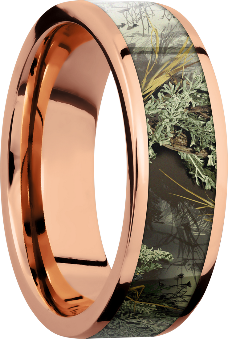 14K Rose Gold 7mm flat band with a 5mm inlay of Realtree Advantage Max Camo