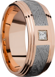 14K Rose gold 9mm flat band with an inlay of authentic Gibeon Meteorite and a white diamond accent