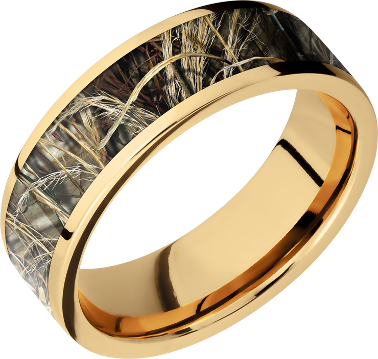 14K Yellow  Gold 7mm flat band with a 5mm inlay of Realtree Advantage Max4 Camo