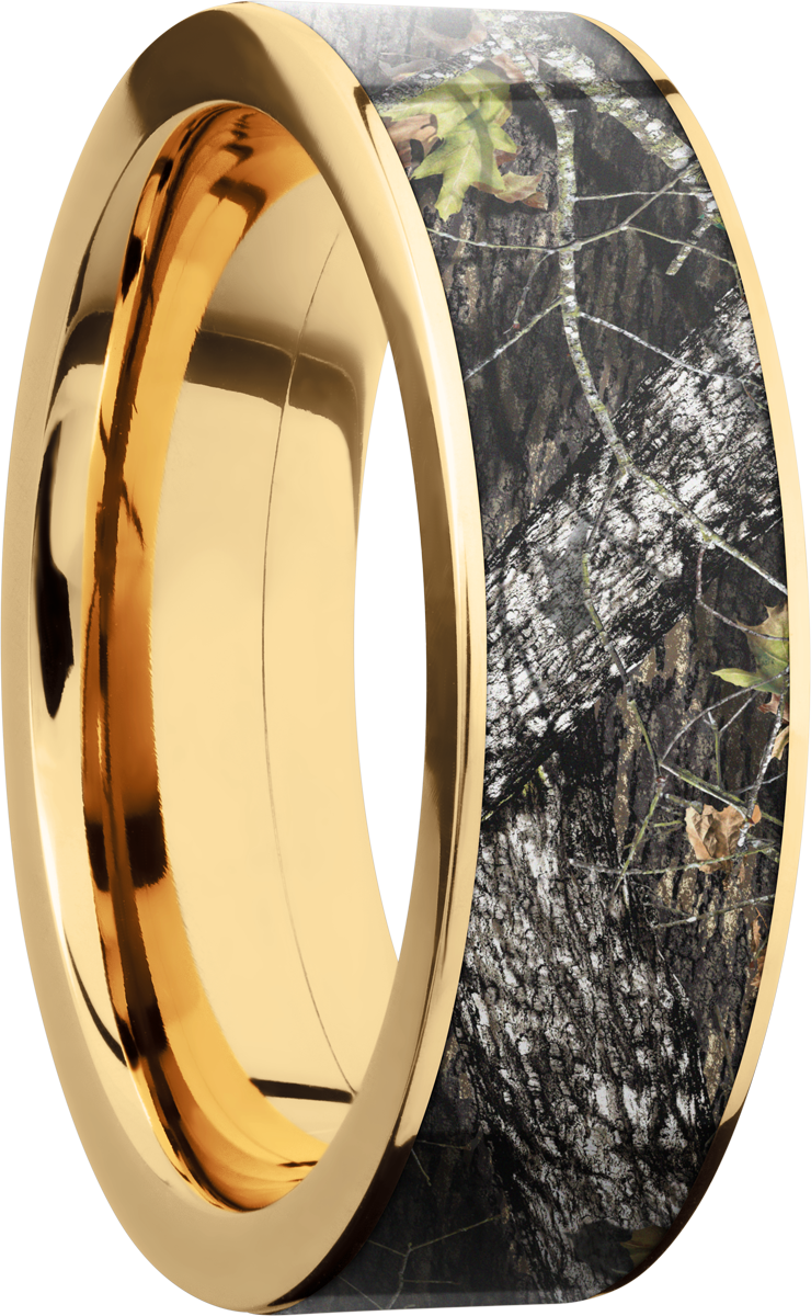 14K Yellow Gold 7mm flat band with a 6mm inlay of Mossy Oak Break Up Camo