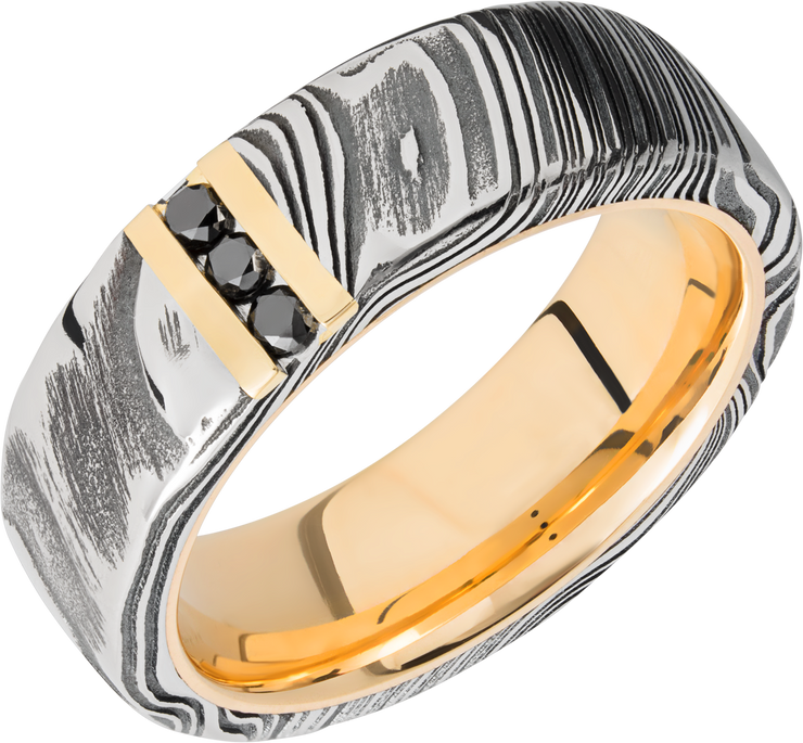 Handmade 7mm Woodgrain Damascus steel band featuring 3, .03ct channel-set black diamonds and a 14K yellow gold sleeve