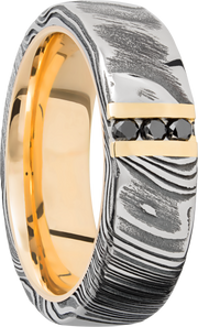 Handmade 7mm Woodgrain Damascus steel band featuring 3, .03ct channel-set black diamonds and a 14K yellow gold sleeve