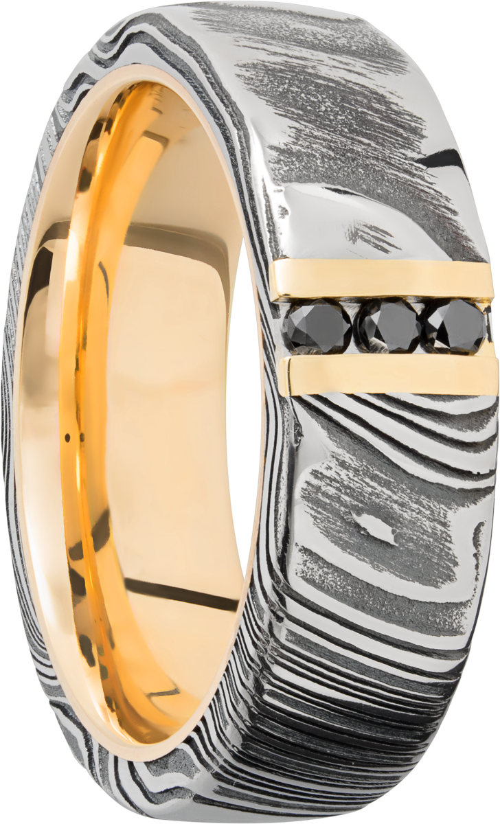 Handmade 7mm Woodgrain Damascus steel band featuring 3, .03ct channel-set black diamonds and a 14K yellow gold sleeve