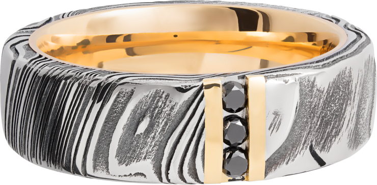 Handmade 7mm Woodgrain Damascus steel band featuring 3, .03ct channel-set black diamonds and a 14K yellow gold sleeve