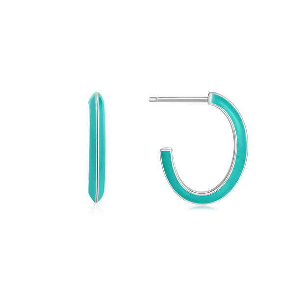 ANIA HAIE- TEAL ENAMEL THICK SILVER HOOP EARRINGS