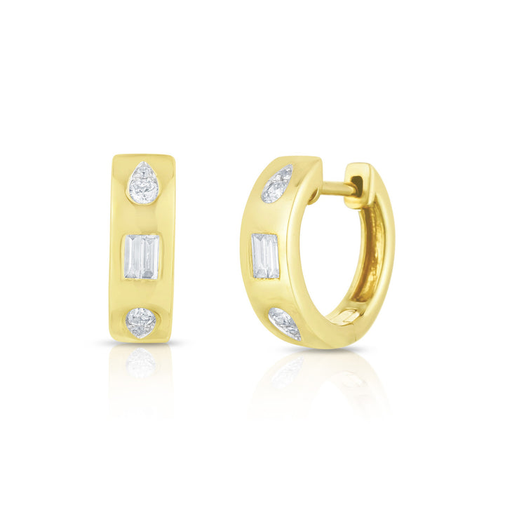 URBAETIS - ALTERNATING PEAR SHAPE & BAGUETTE DIAMOND HUGGIE HOOP EARRINGS