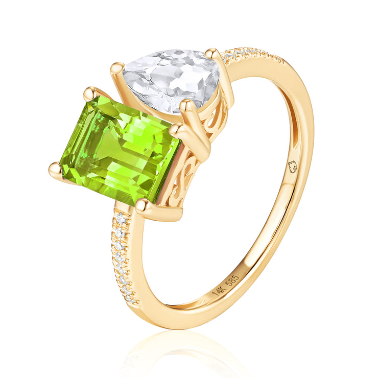 LUVENTE – PERIDOT, WHITE TOPAZ, & DIAMOND 2 STONE RING