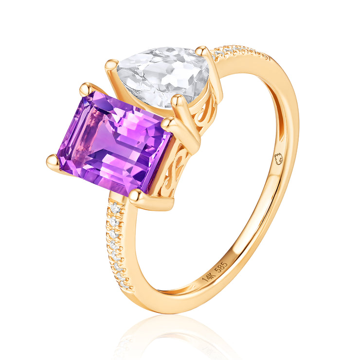 LUVENTE – WHITE TOPAZ, AMETHYST, & DIAMOND 2 STONE RING