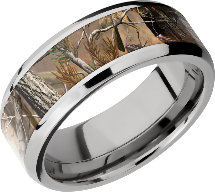 Titanium 8mm beveled band with a 5mm inlay Real Tree AP Camo