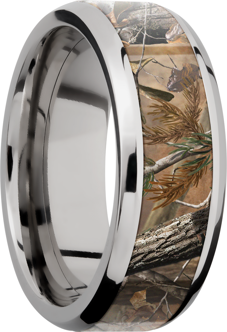 Titanium 8mm beveled band with a 5mm inlay Real Tree AP Camo