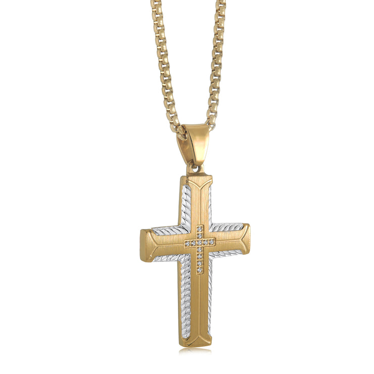 ETCHED GOLD CROSS PENDANT WITH CUBIC ZIRCONIA