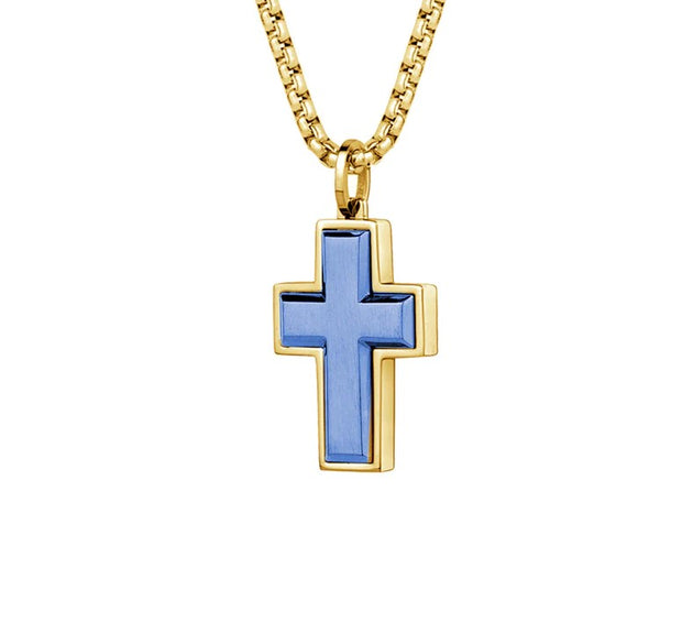 ITALGEM STEEL - GOLD PLATED STAINLESS STEEL REVERSIBLE BLUE & SILVER CROSS PENDANT