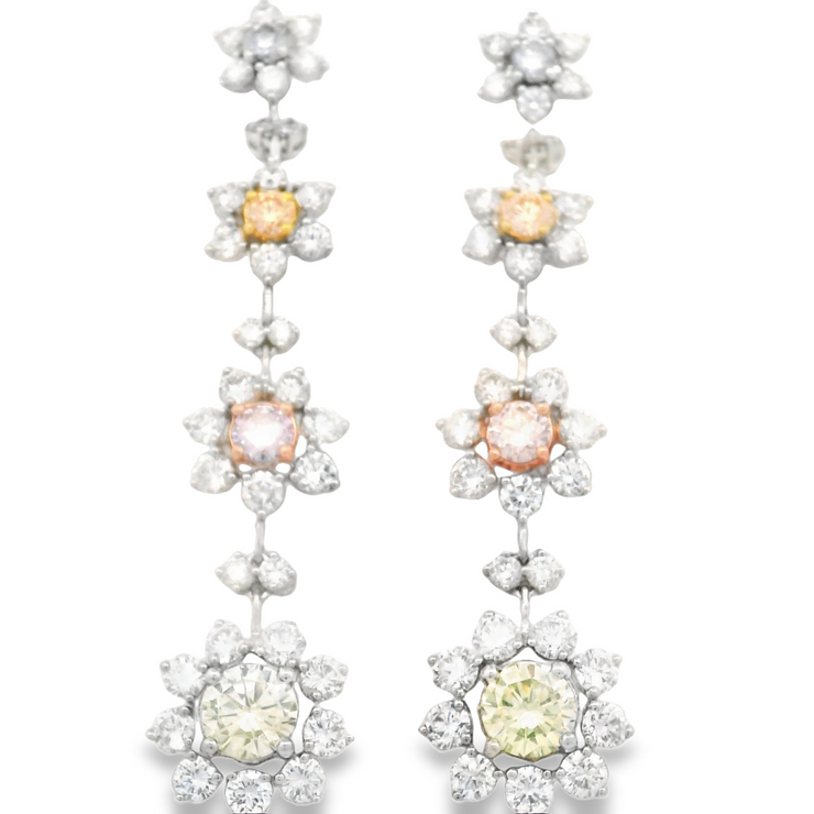 Colored Diamond Flower Dangle Earrings - 5 Ct