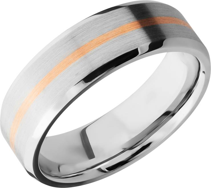 Cobalt chrome 7mm beveled band with 1, 1mm inlay of 14K rose gold