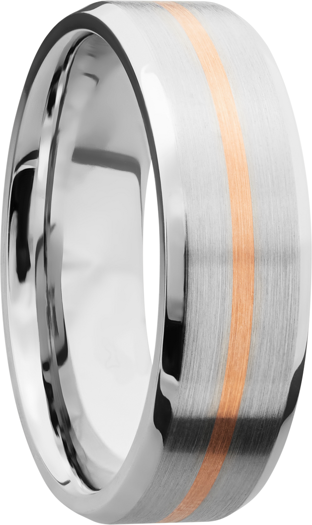 Cobalt chrome 7mm beveled band with 1, 1mm inlay of 14K rose gold