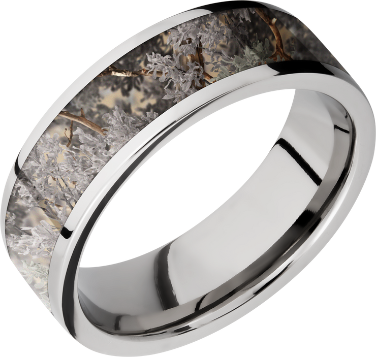 Cobalt chrome 7mm flat band with a 5mm inlay of Kings Desert Camo