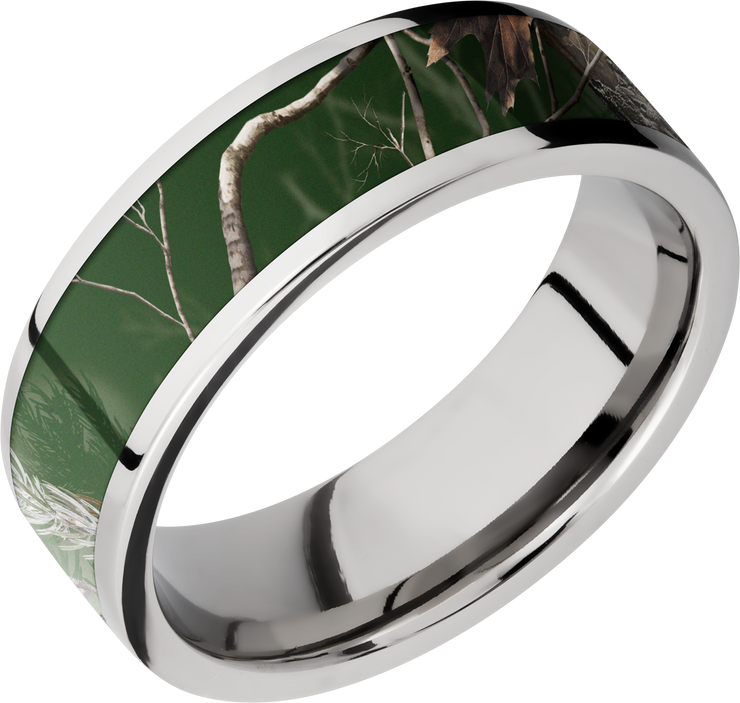 Cobalt chrome 7mm flat band with a 5mm inlay of Realtree APC Green Camo