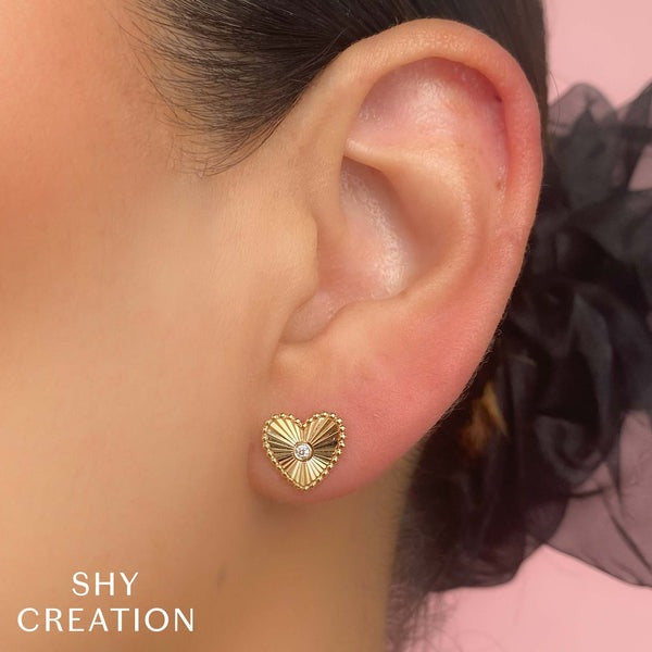 Shy Creation - Fluted Heart Diamond Post Earrings