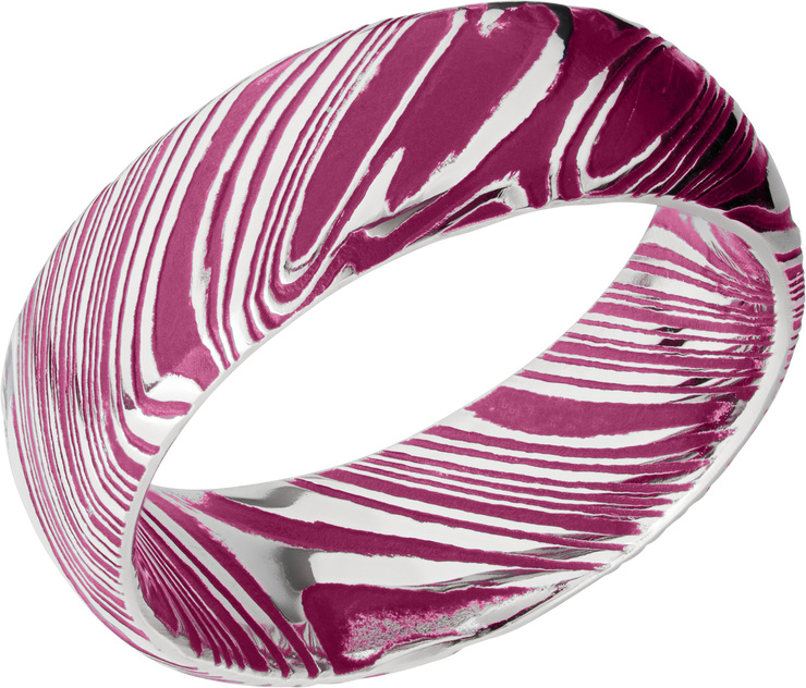 Woodgrain Damascus steel 8mm domed band beveled edges and pink Cerakote in the recessed pattern