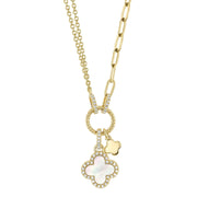 Shy Creation - Yellow Gold Mother Of Pearl Clover Paper Clip Link Necklace