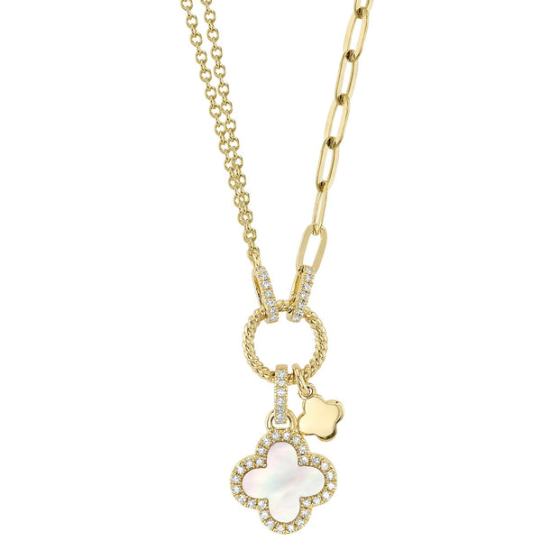 Shy Creation - Yellow Gold Mother Of Pearl Clover Paper Clip Link Necklace