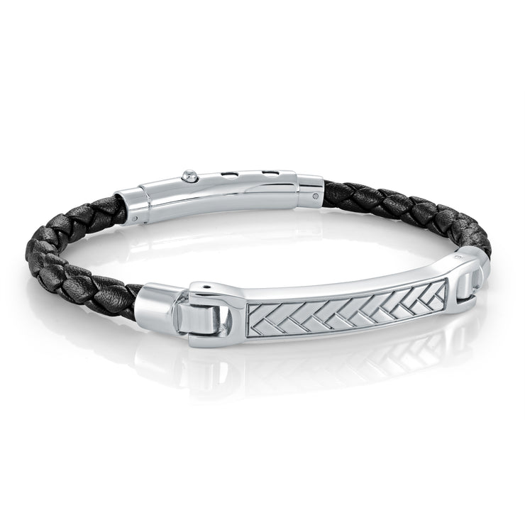 PLAITED BLACK LEATHER ID BRACELET