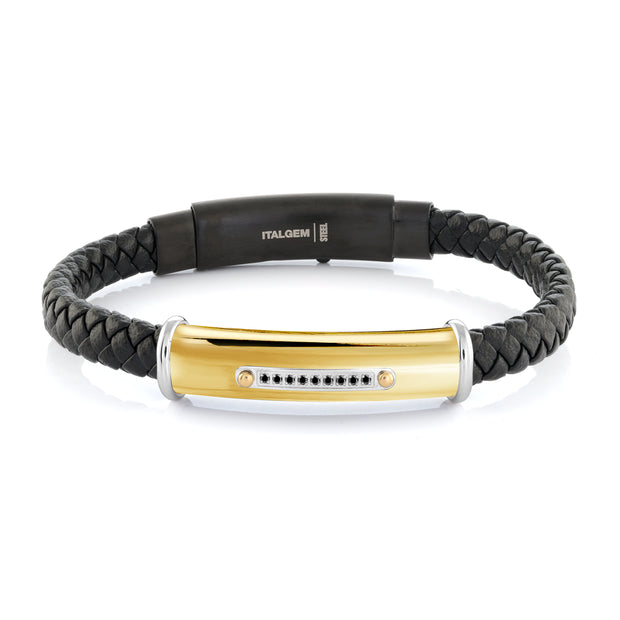 BRAIDED BLACK LEATHER & GOLD BRACELET