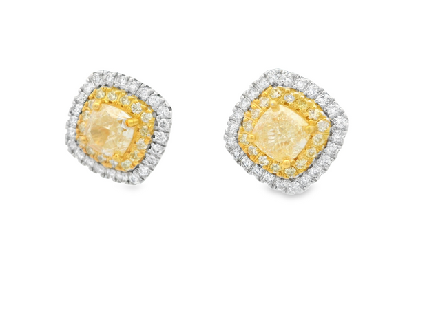 Double Halo Yellow Diamond Post Earrings - 2 Ct