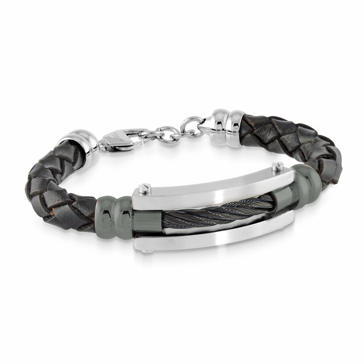 GUNMETAL CABLE & BLACK LEATHER BRACELET