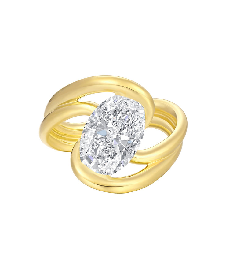 Yellow Gold Freeform Solitaire Swirl Design Oval Lab Grown Diamond Engagement Ring