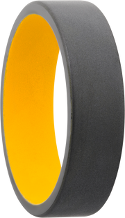 Zirconium 6mm flat band with slightly rounded edges and a Dewalt Yellow Cerakote sleeve