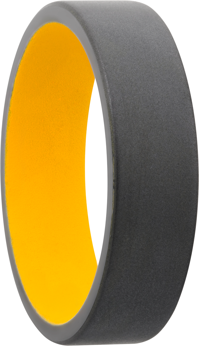 Zirconium 6mm flat band with slightly rounded edges and a Dewalt Yellow Cerakote sleeve